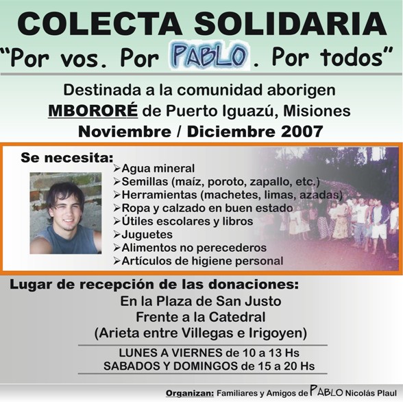 Folleto de Colecta Solidaria - Por Vos. Por Pablo. Por Todos - Comunidad Aborigen MBORERE de Puerto Iguazu, Misiones
