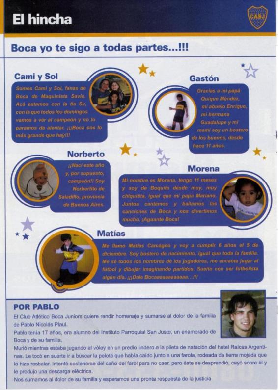 Nota escrita en la revista de Boca Juniors recordando a Pablo